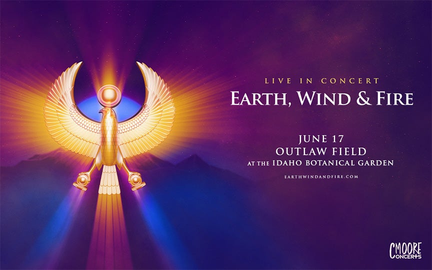 Promotional poster for Earth, Wind &amp; Fire live in concert. Features a glowing golden phoenix-like bird with wings spread, set against a vibrant purple and orange background with light beams. Text reads: 'Live in Concert, Earth, Wind &amp; Fire, June 17, Outlaw Field at the Idaho Botanical Garden.' Website link: earthwindandfire.com. CMoore Concerts logo in the bottom right corner.