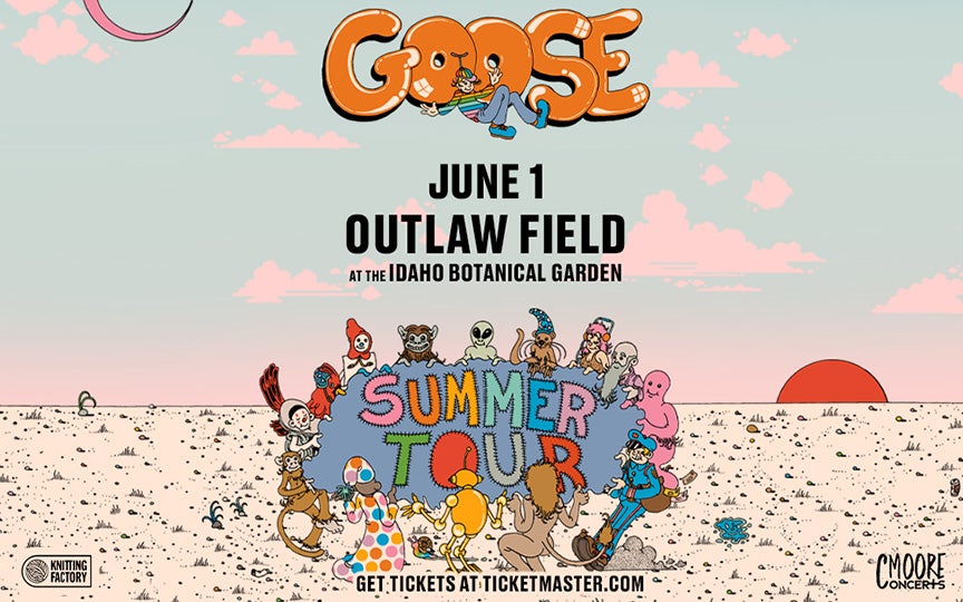 Illustrated poster for Goose's Summer Tour. The text reads: 'Goose, June 1, Outlaw Field at the Idaho Botanical Garden.' Below is a colorful, whimsical illustration of various cartoon-like characters gathered around the words 'Summer Tour' in bold, multicolored letters. The background features a desert landscape with a setting sun and a gradient sky transitioning from blue to pink. The bottom text states: 'Get tickets at Ticketmaster.com.' Logos for Knitting Factory and CMoore Concerts are in the corners.