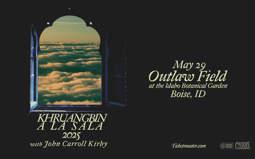 Promotional poster for Khruangbin's 'A La Sala 2025' tour featuring John Carroll Kirby. The event is scheduled for May 29, 2025, at Outlaw Field at the Idaho Botanical Garden in Boise, ID. The design includes an arched window framing a view of clouds, with event details displayed in elegant fonts. Tickets are available at Ticketmaster, with logos for Winter Circle Productions and CMoore Concerts in the bottom corners.