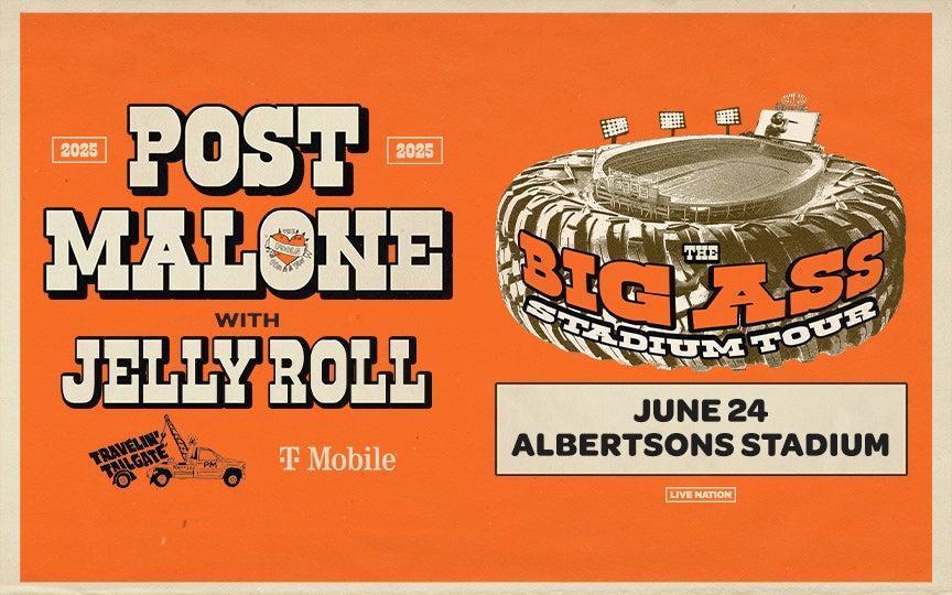 Promotional graphic for Post Malone's 'The Big Ass Stadium Tour' with Jelly Roll, taking place on June 24, 2025, at Albertsons Stadium. The image features an orange background, bold black-and-white text, and a stylized tire graphic resembling a stadium. Logos for 'Traveling T-Mobile' and 'Live Nation' are included.