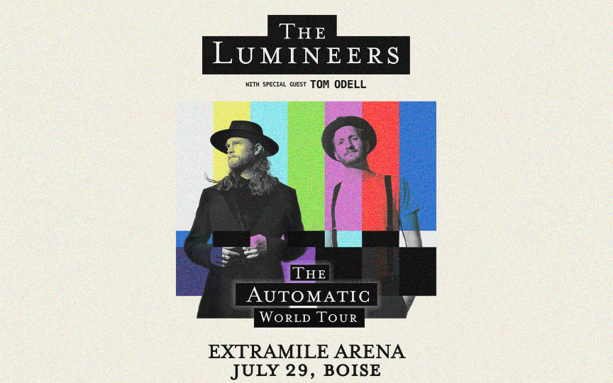 Concert announcement for The Lumineers' 'The Automatic World Tour' featuring special guest Tom Odell. The poster has a vintage, grainy texture with a black-and-white image of the band members, overlaid with colorful vertical stripes. The text includes the concert date, July 29, at ExtraMile Arena in Boise, and directs fans to sign up for artist presale at thelumineers.com. It also mentions their new album, 'Automatic,' available on February 14.